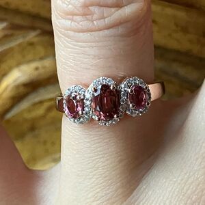 Natural Rubellite Moissanite Sterling Silver Trilogy Ring Size 6